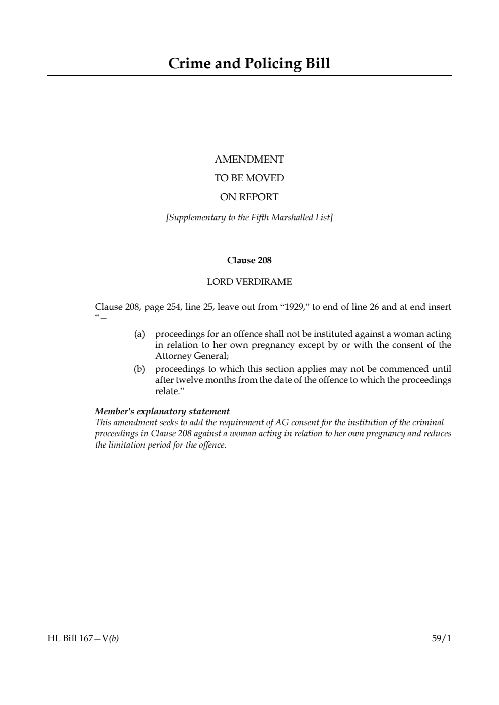 Crime and Policing Bill Amendment to be moved on report [Supplementary to the Fifth Marshalled List]