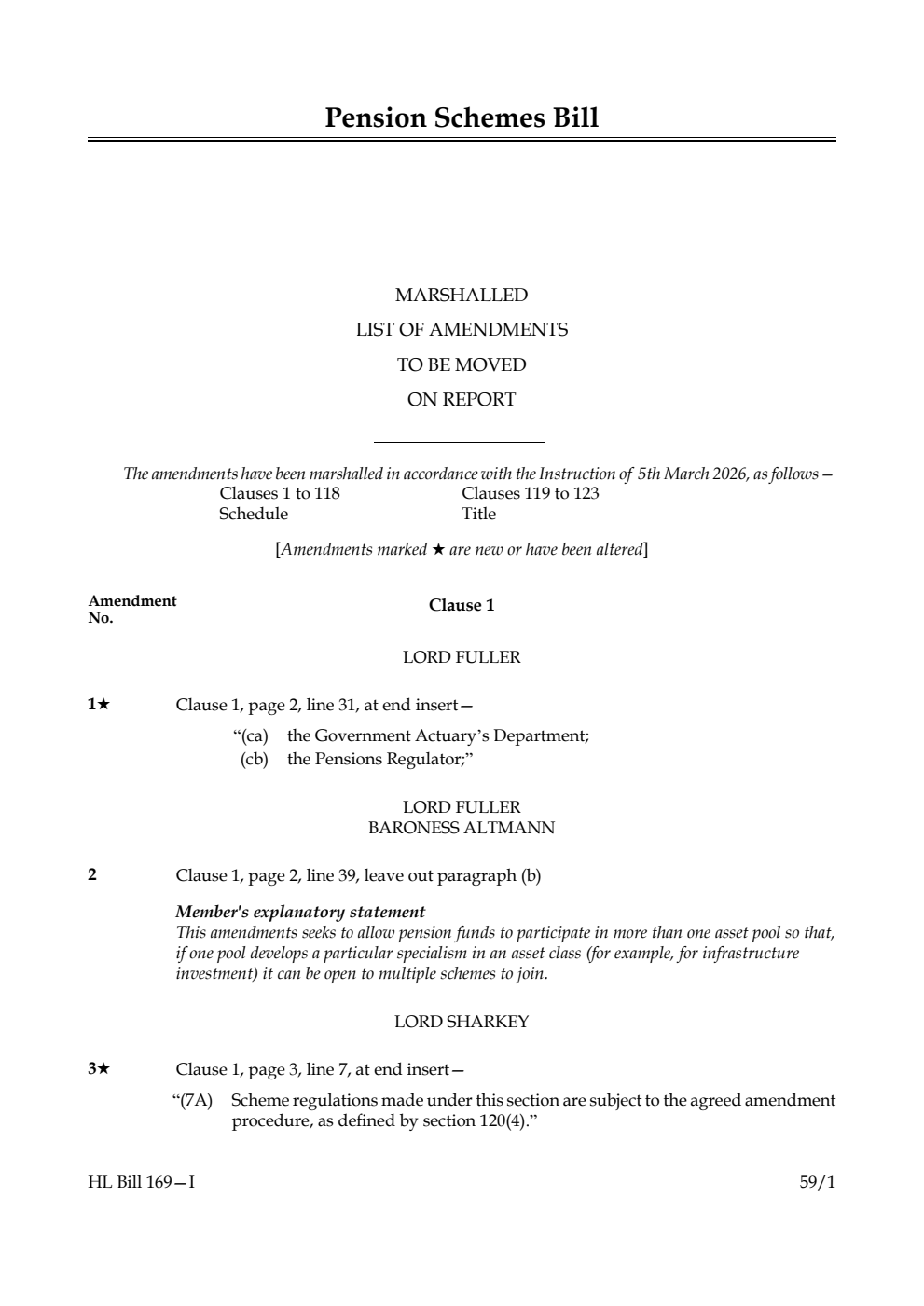 Pension Schemes Bill Marshalled List of amendments to be moved on report