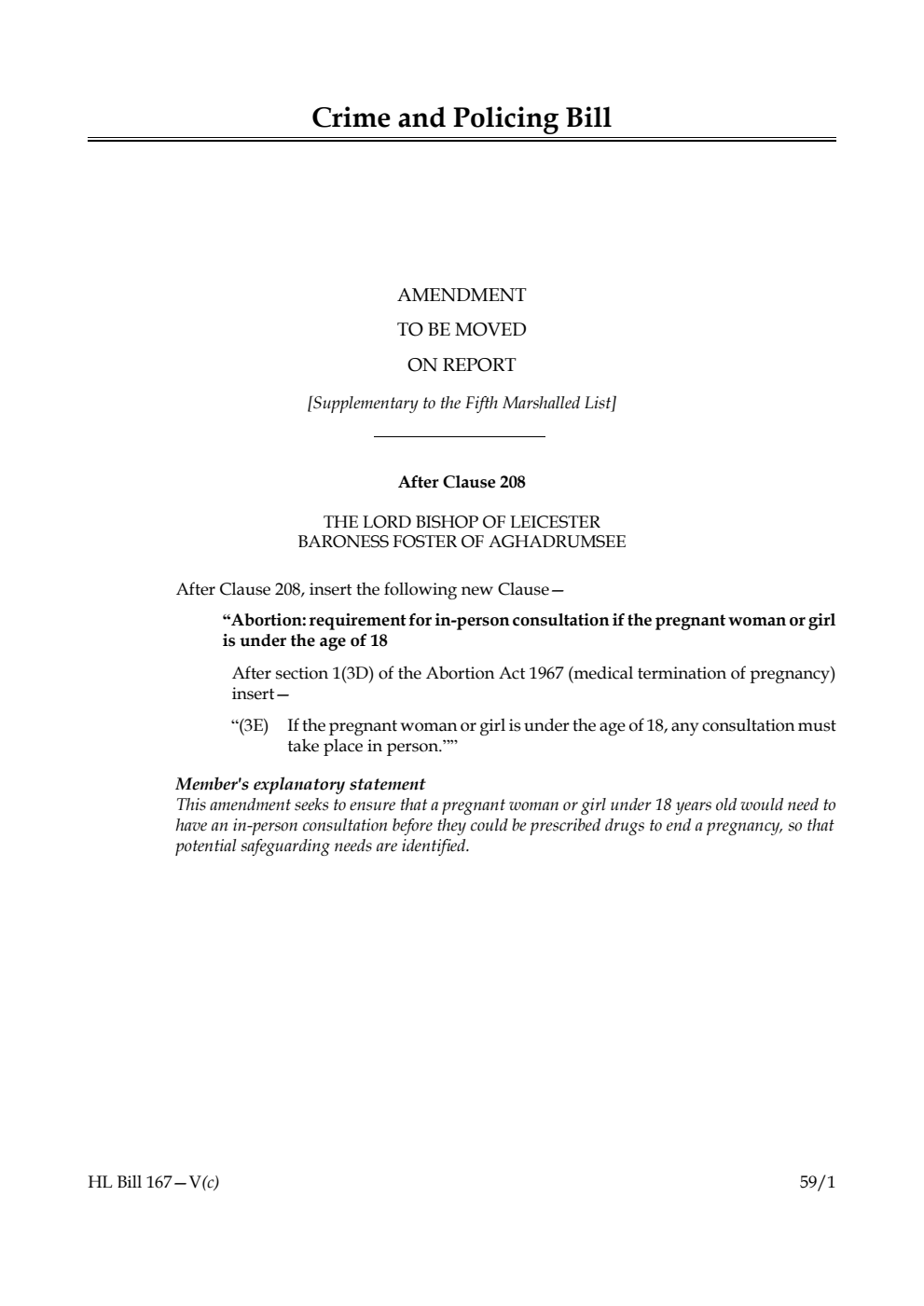 Crime and Policing Bill Amendment to be moved on report [Supplementary to the Fifth Marshalled List]
