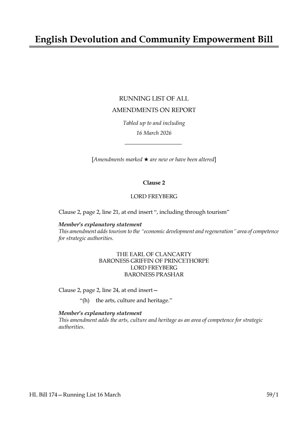 English Devolution and Community Empowerment Bill Running List of all amendments on report tabled up to and including 16 March 2026