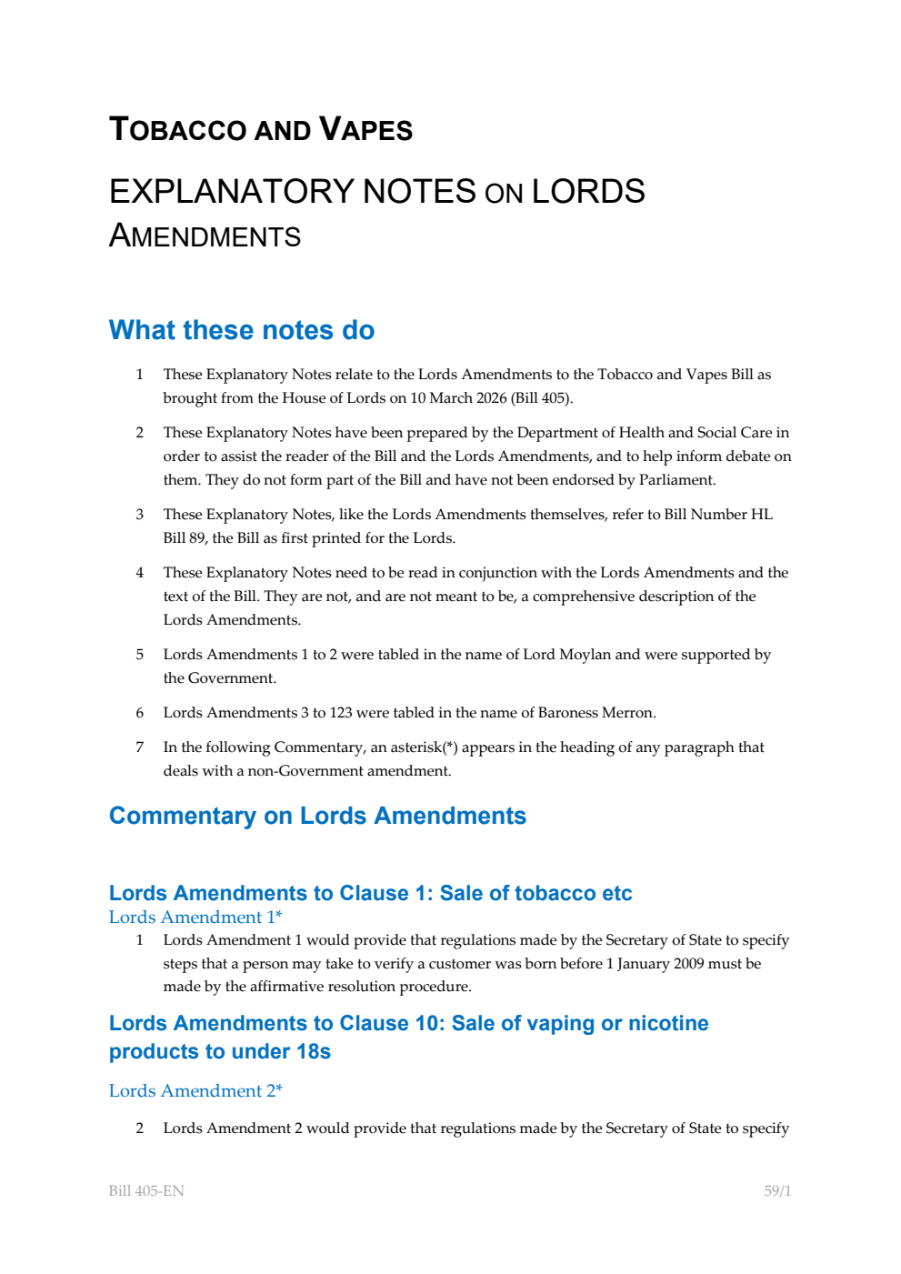 Tobacco and Vapes Bill Explanatory Notes on Lords amendments