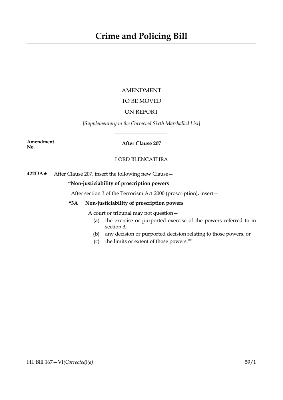 Crime and Policing Bill Amendment to be moved on report [Supplementary to the Corrected Sixth Marshalled List]