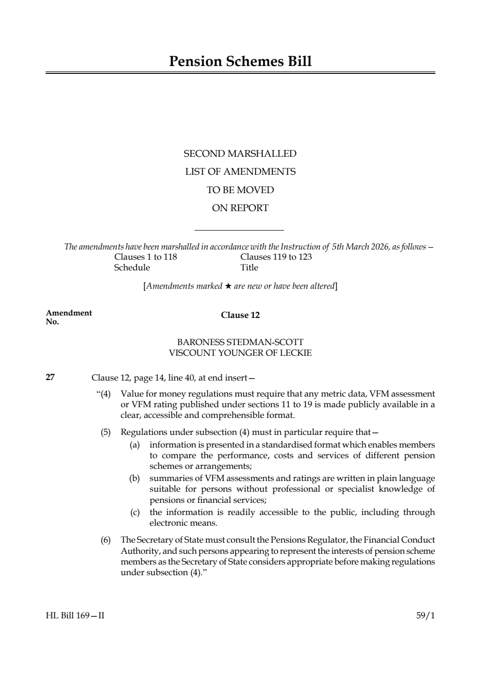 Pension Schemes Bill Second Marshalled List of amendments to be moved on report