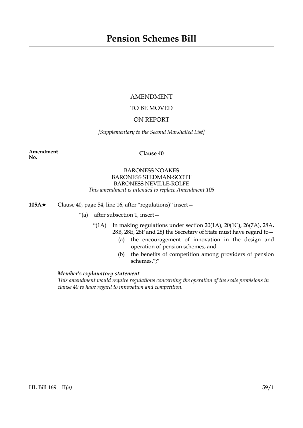 Pension Schemes Bill Amendment to be moved on report [Supplementary to the Second Marshalled List] 