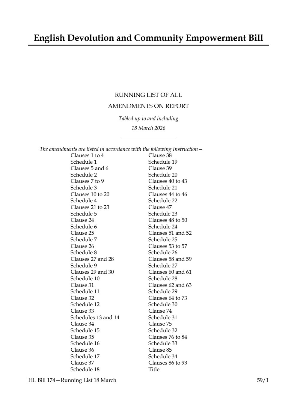 English Devolution and Community Empowerment Bill Running List of all amendments on report tabled up to and including 18 March 2026