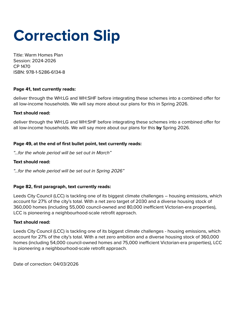 Warm Homes Plan. Correction Slip, March 2026