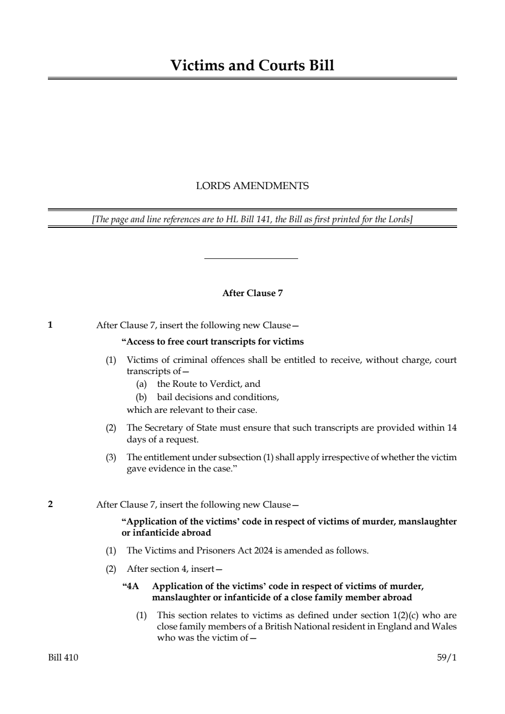 Victims and Courts Bill Lords amendments