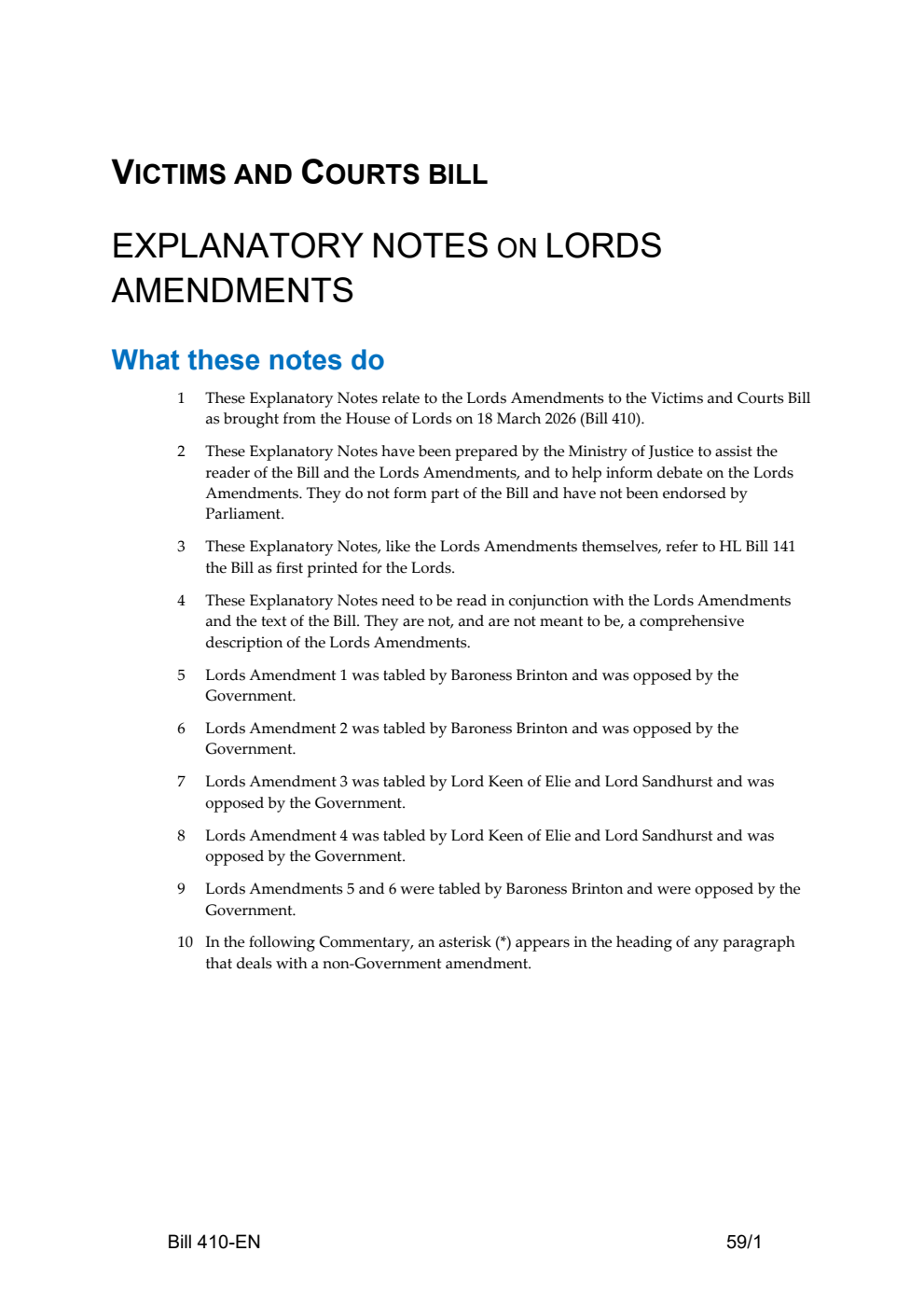 Victims and Courts Bill Explanatory Notes on Lords amendments