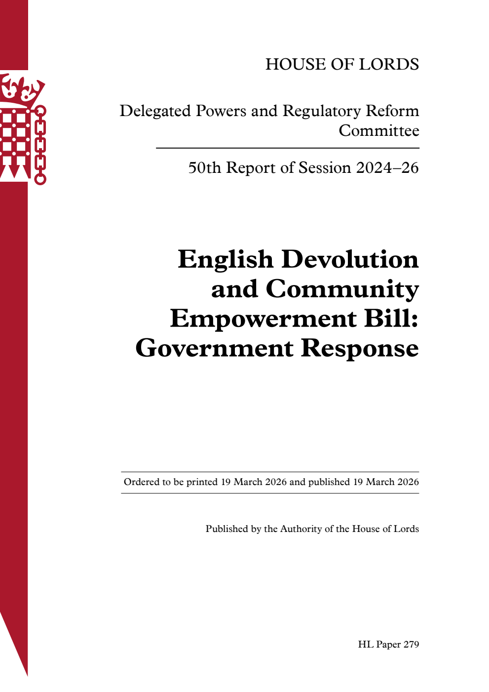 Delegated Powers and Regulatory Reform Committee 50th Report. English Devolution and Community Empowerment Bill: Government Response