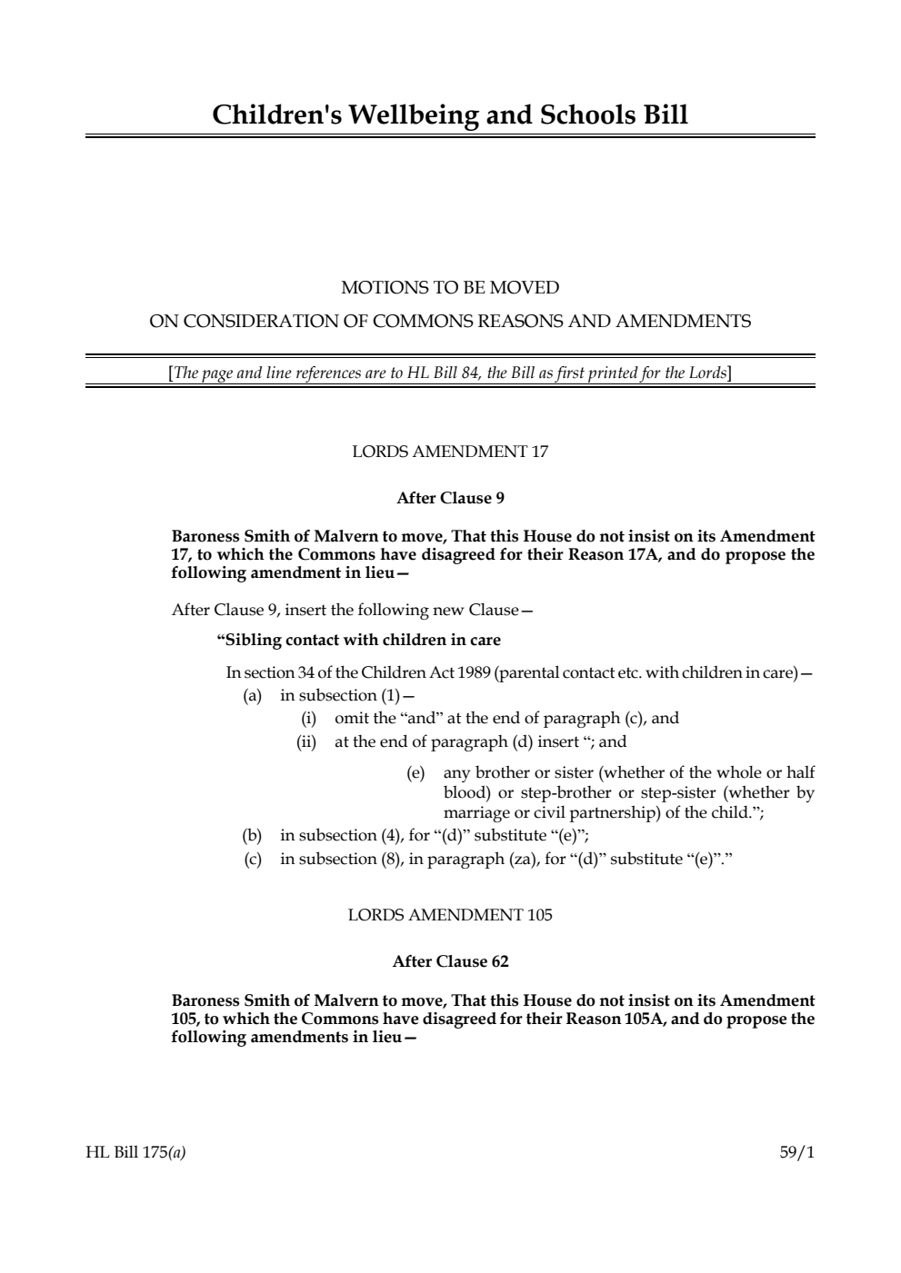 Children's Wellbeing and Schools Bill Motions to be moved on consideration of Commons reasons and amendments