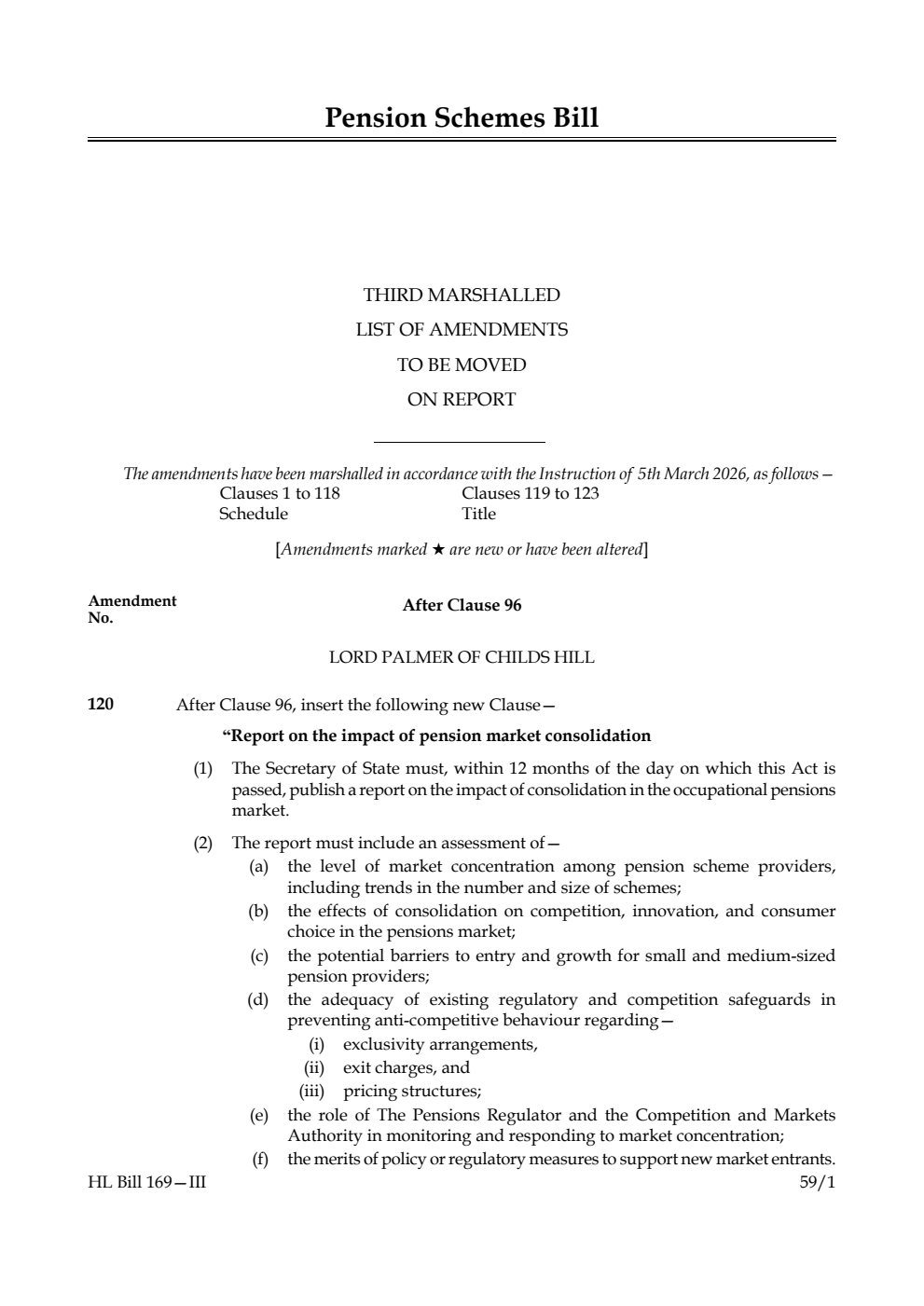 Pension Schemes Bill Third Marshalled List of amendments to be moved on report