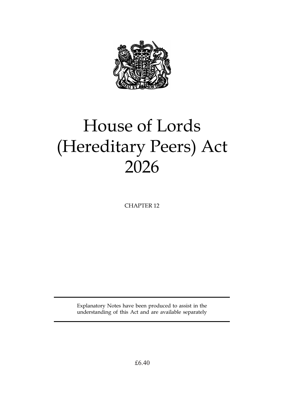 House of Lords (Hereditary Peers) Act 2026: Chapter 12