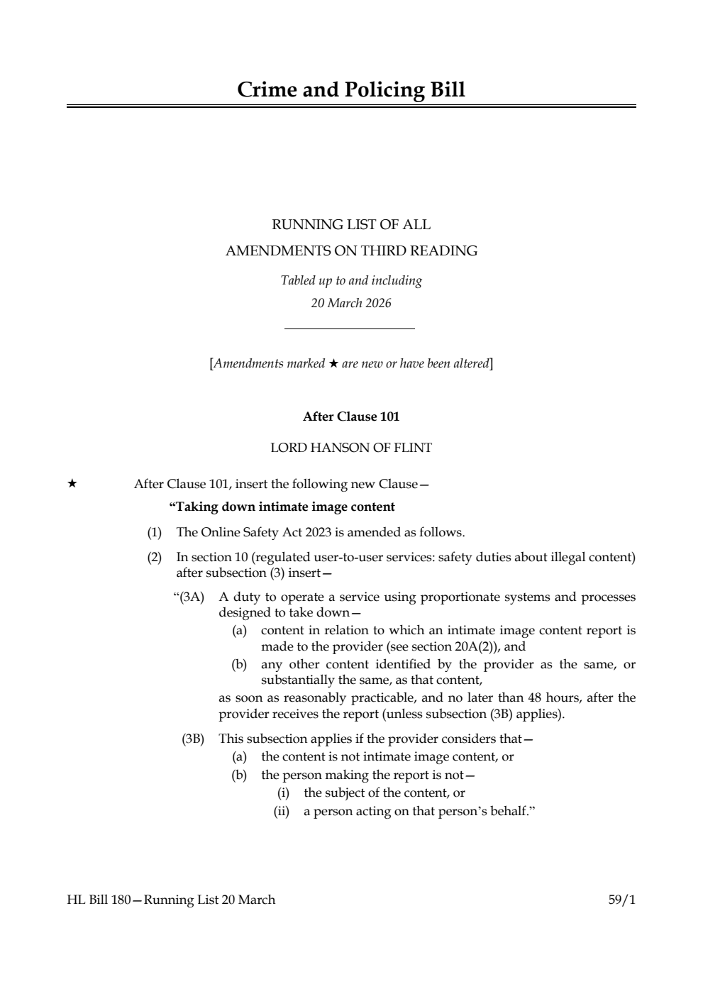 Crime and Policing Bill Running List of all amendments on third reading tabled up to and including 20 March 2026