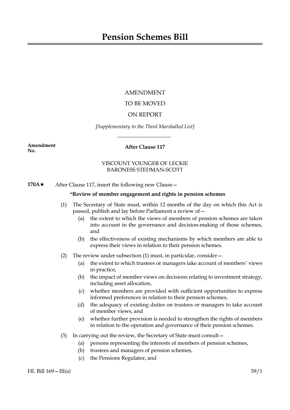 Pension Schemes Bill Amendment to be moved on report [Supplementary to the Third Marshalled List] 