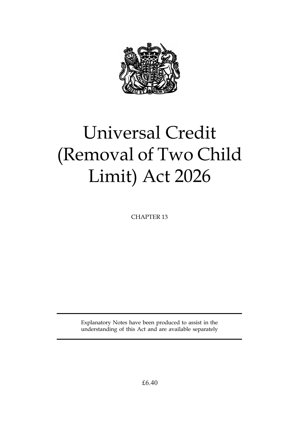 Universal Credit (Removal of Two Child Limit) Act 2026: Chapter 13