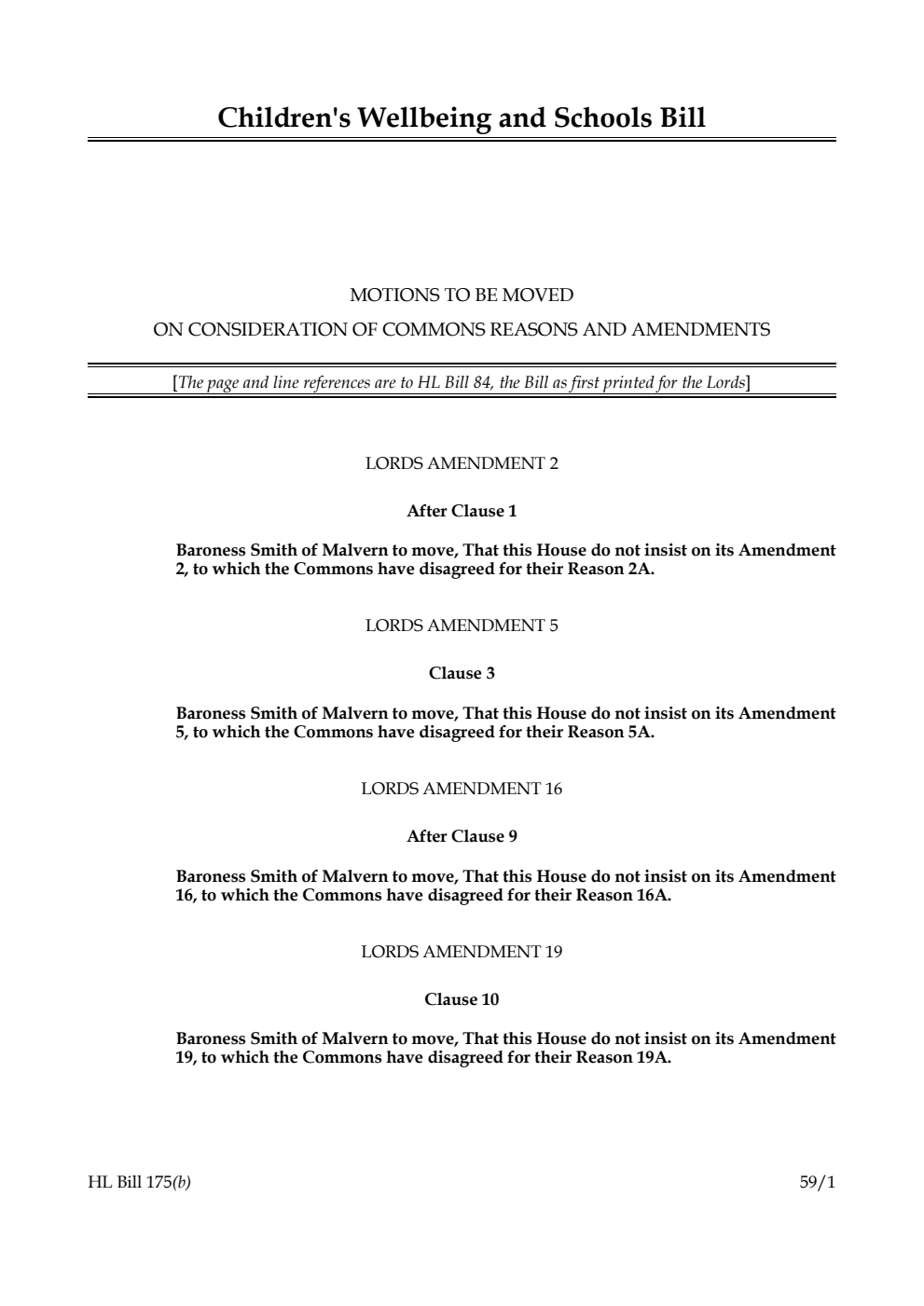 Children's Wellbeing and Schools Bill Motions to be moved on consideration of Commons reasons and amendments