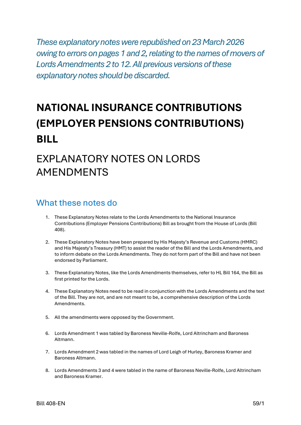 National Insurance Contributions (Employer Pensions Contributions) Bill Explanatory Notes on Lords amendments. Corrected, March 2026
