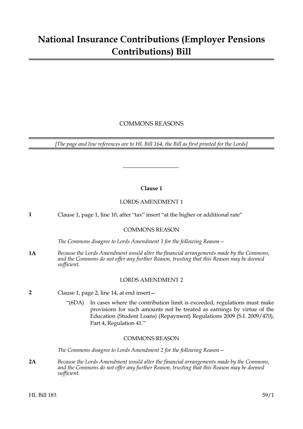 National Insurance Contributions (Employer Pensions Contributions) Bill Commons reasons