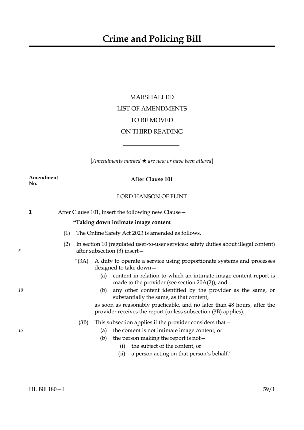 Crime and Policing Bill Marshalled List of amendments to be moved on third reading