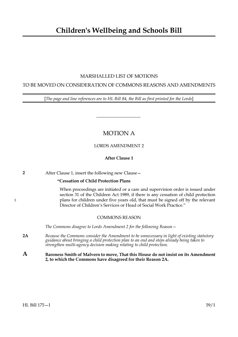 Children's Wellbeing and Schools Bill Marshalled List of motions to be moved on consideration of Commons reasons and amendments