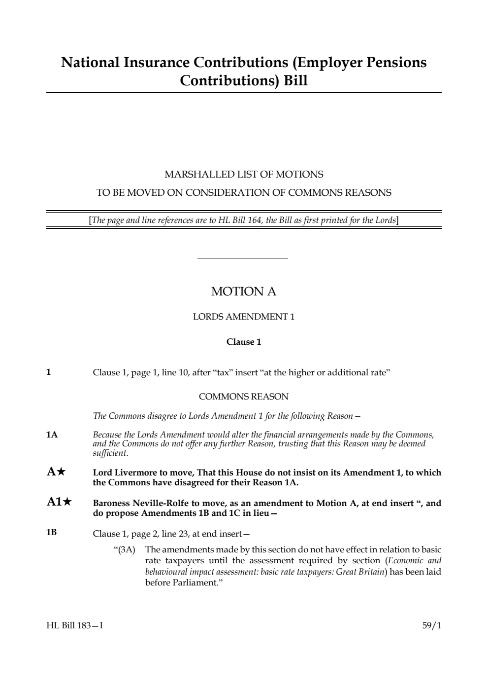 National Insurance Contributions (Employer Pensions Contributions) Bill Marshalled List of motions to be moved on consideration of Commons reasons