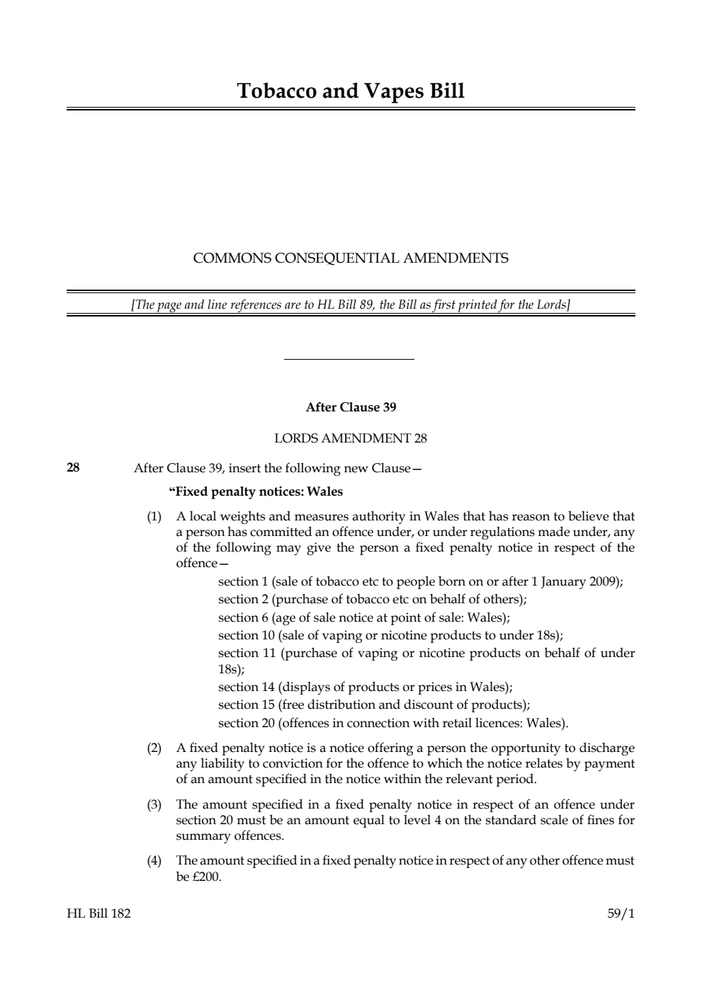 Tobacco and Vapes Bill Commons consequential amendments