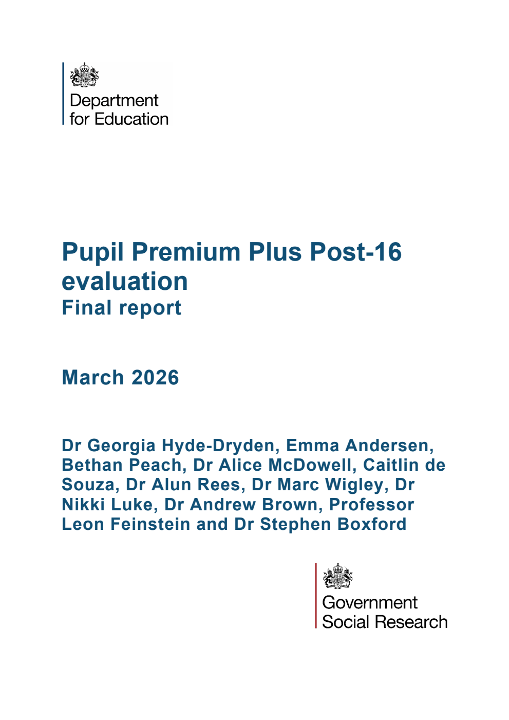 DFE-RR 1612 Pupil Premium Plus Post-16 evaluation. Final report. March 2026