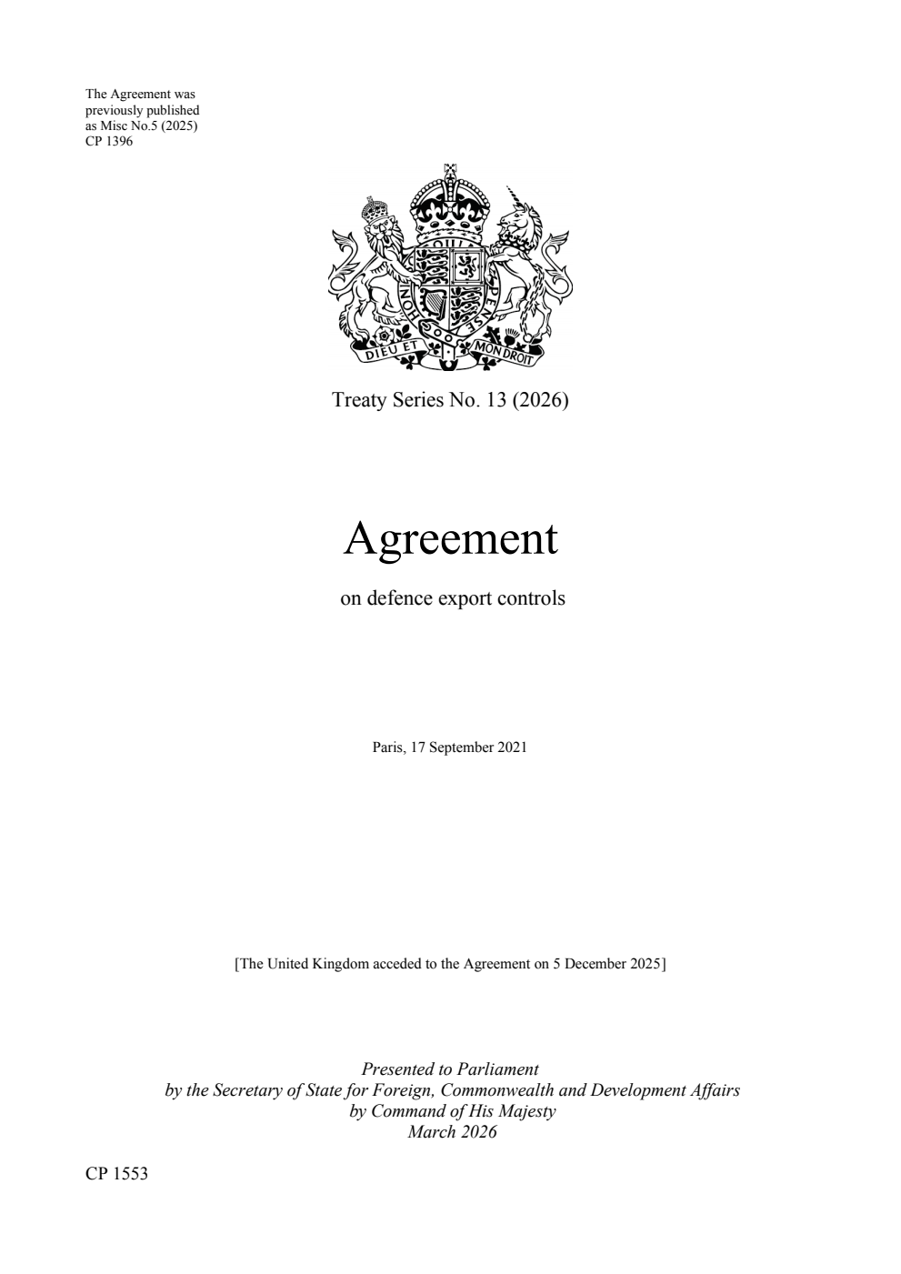 Treaty Series No. 13 (2026) Agreement on defence export controls. Paris, 17 September 2021