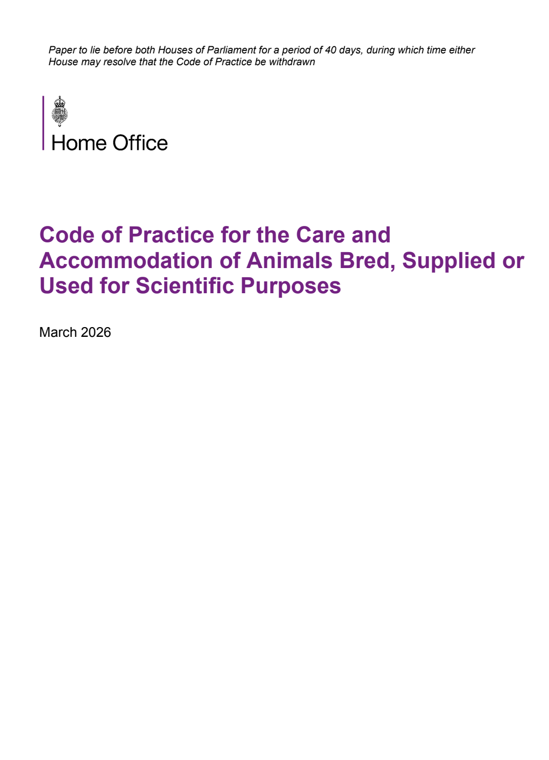 Code of Practice for the Care and Accommodation of Animals Bred, Supplied or Used for Scientific Purposes