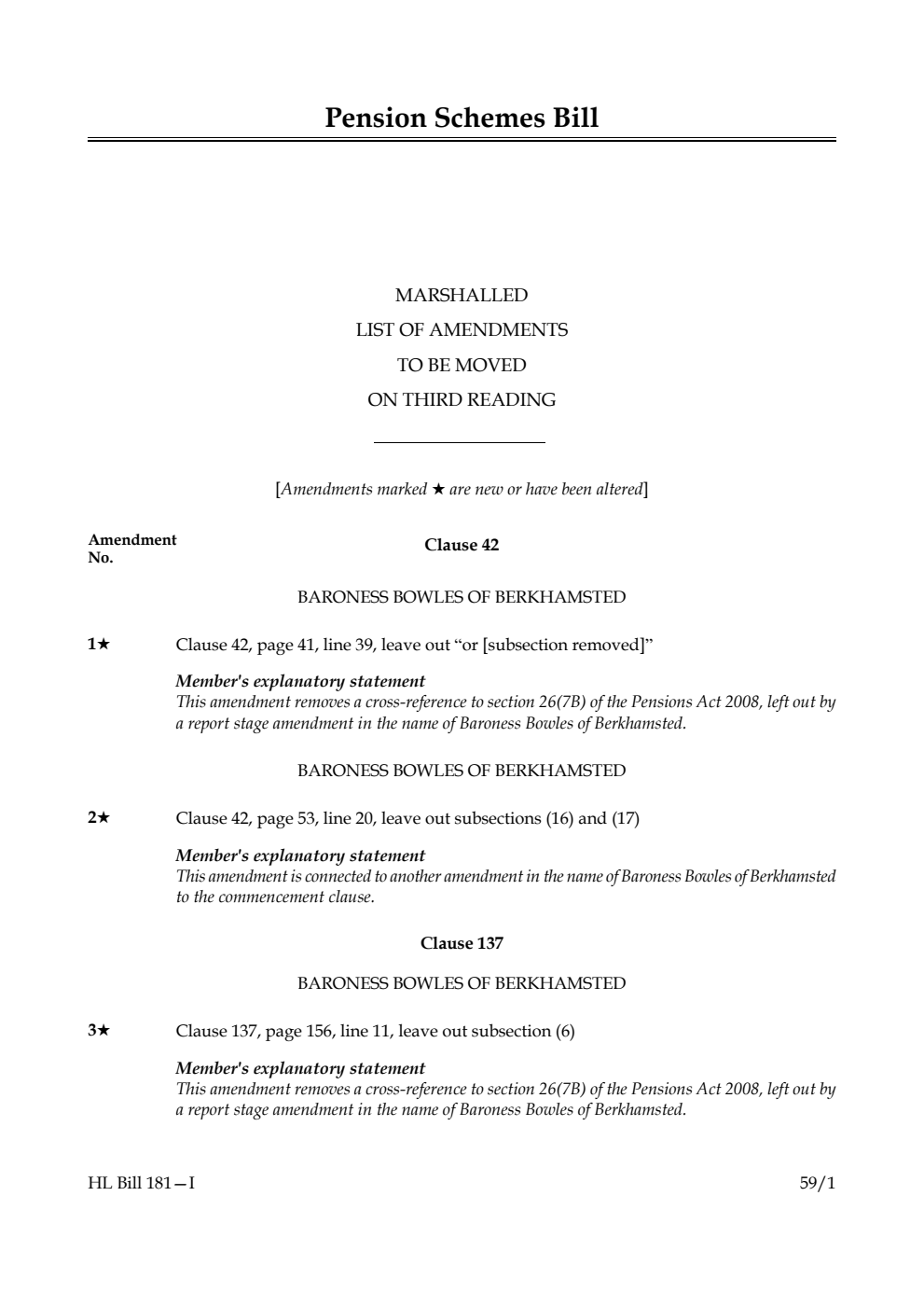 Pension Schemes Bill Marshalled List of amendments to be moved on third reading