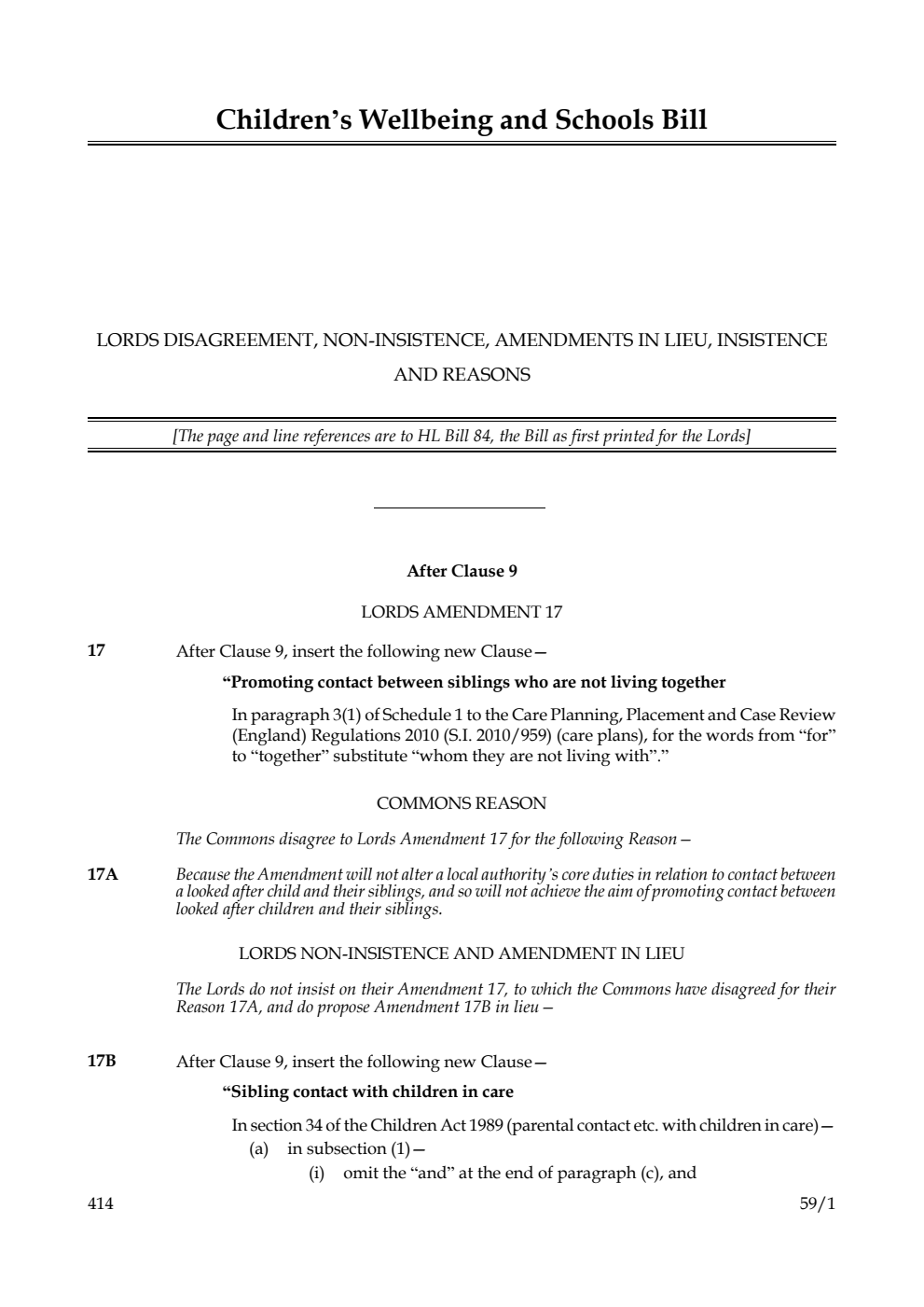 Children’s Wellbeing and Schools Bill Lords disagreement, non-insistence, amendments in lieu, insistence and reasons