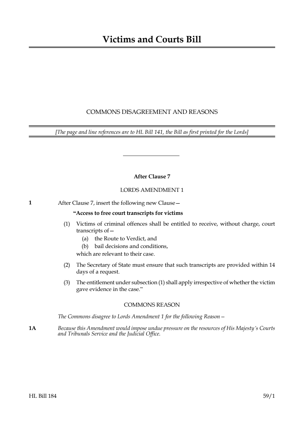 Victims and Courts Bill Commons disagreement and reasons
