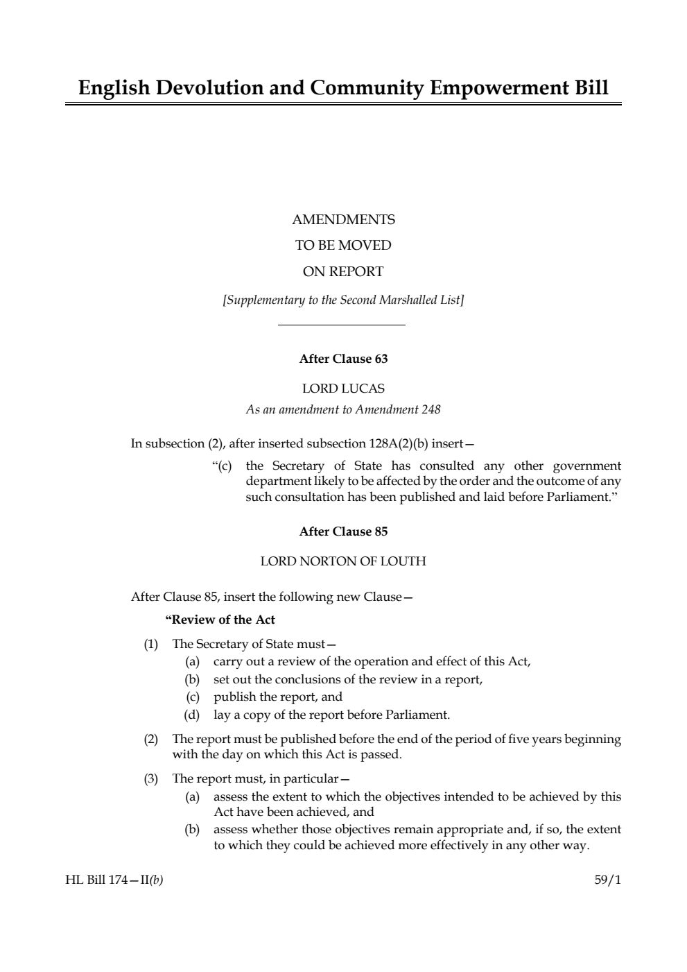 English Devolution and Community Empowerment Bill Amendments to be moved on report [Supplementary to the Second Marshalled List]