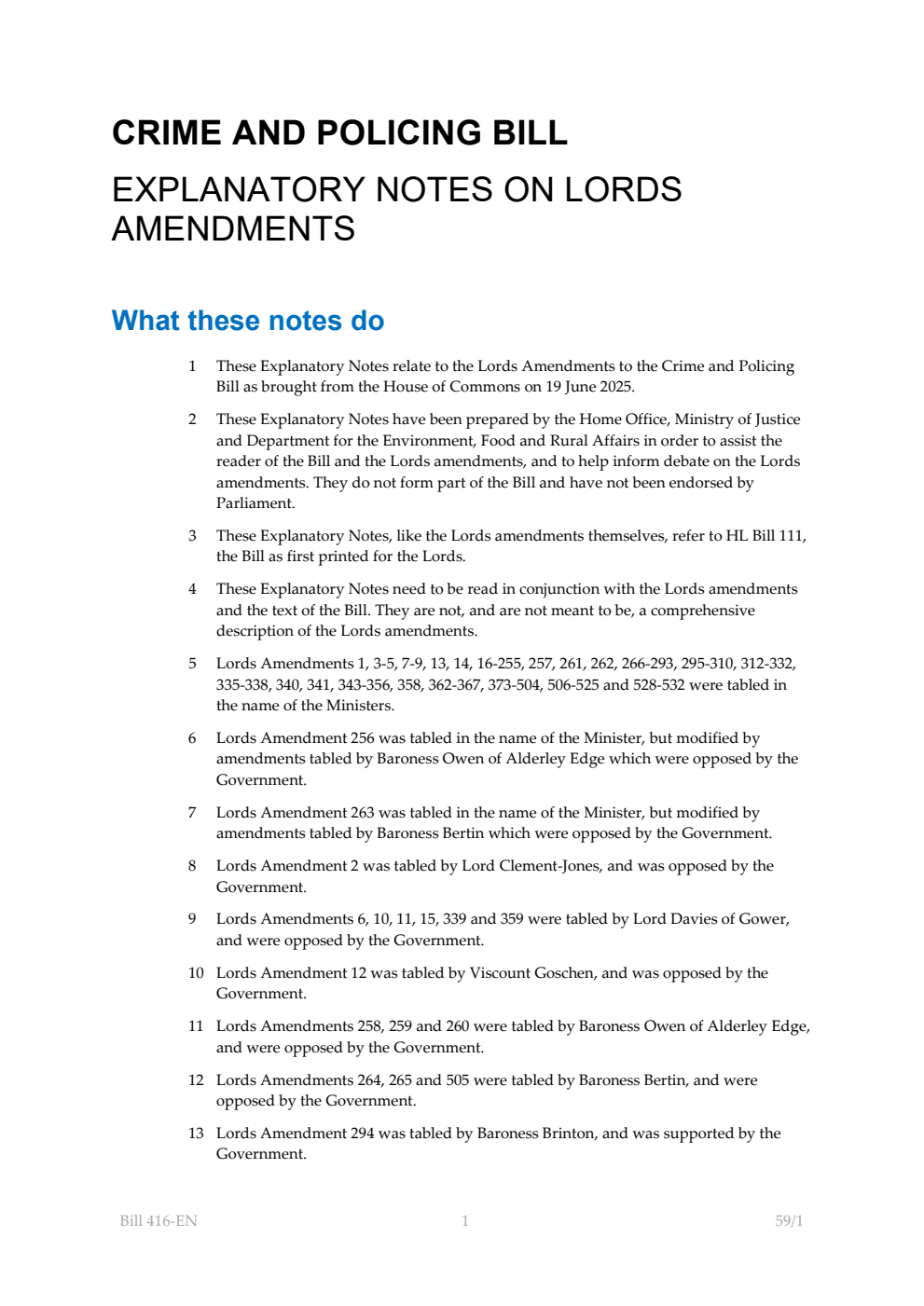 Crime and Policing Bill Explanatory Notes on Lords amendments