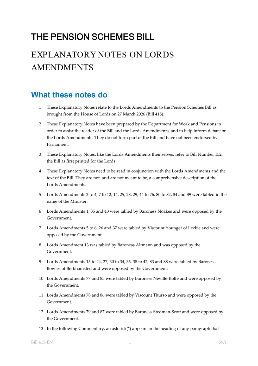 Pension Schemes Bill Explanatory Notes on Lords amendments