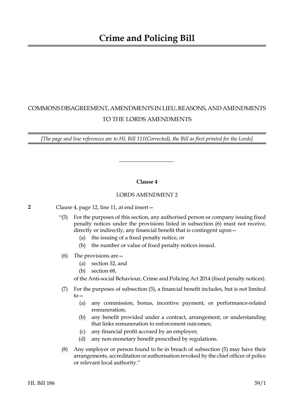 Crime and Policing Bill Commons disagreement, amendments in lieu, reasons, and amendments to the Lords amendments