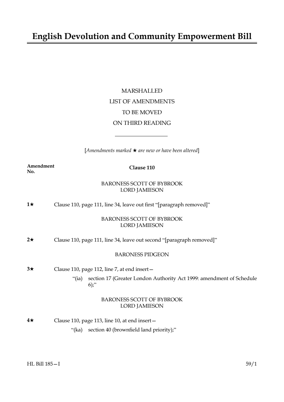English Devolution and Community Empowerment Bill Marshalled List of amendments to be moved on third reading