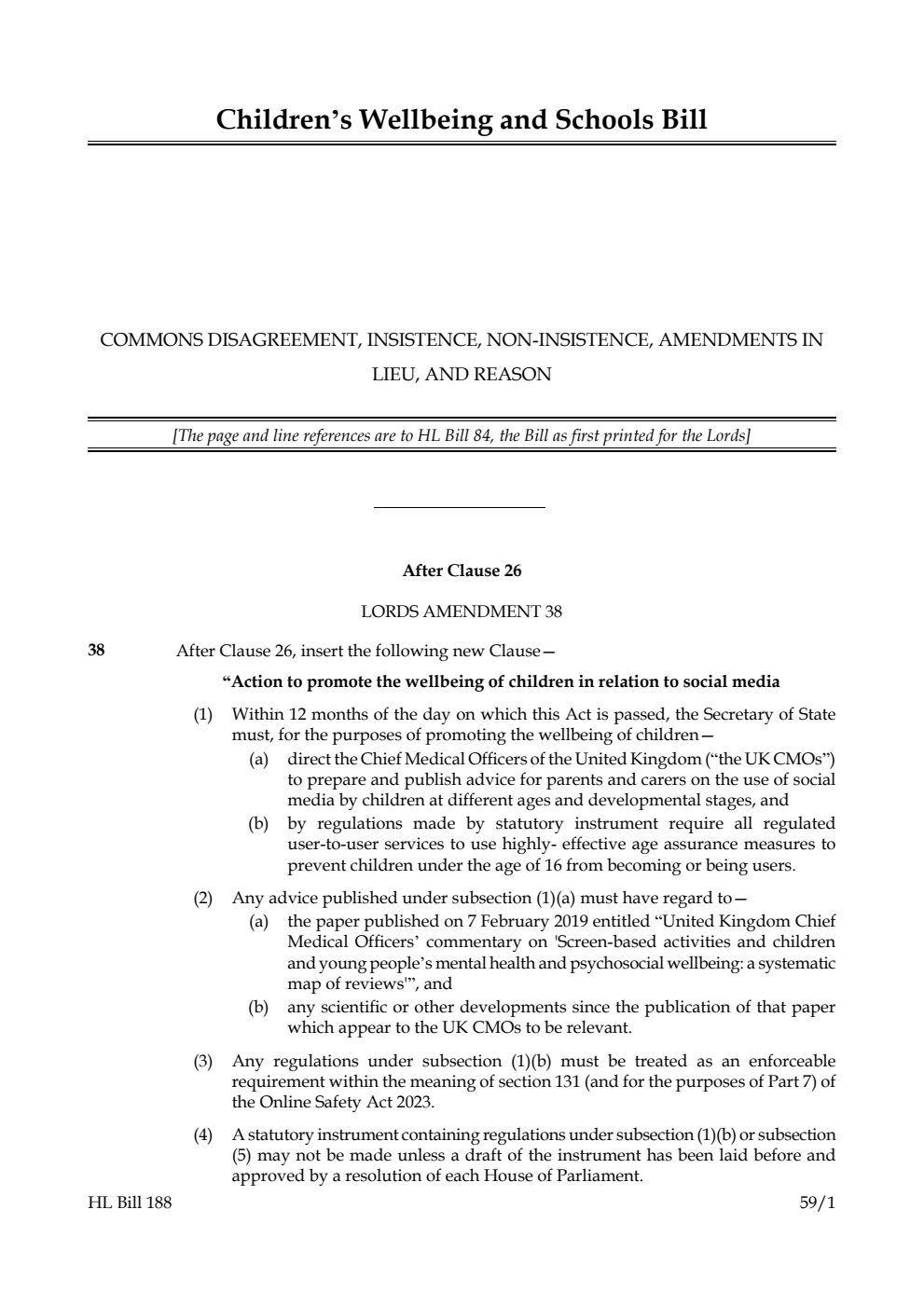 Children’s Wellbeing and Schools Bill Commons disagreement, insistence, non-insistence, amendments in lieu, and reason