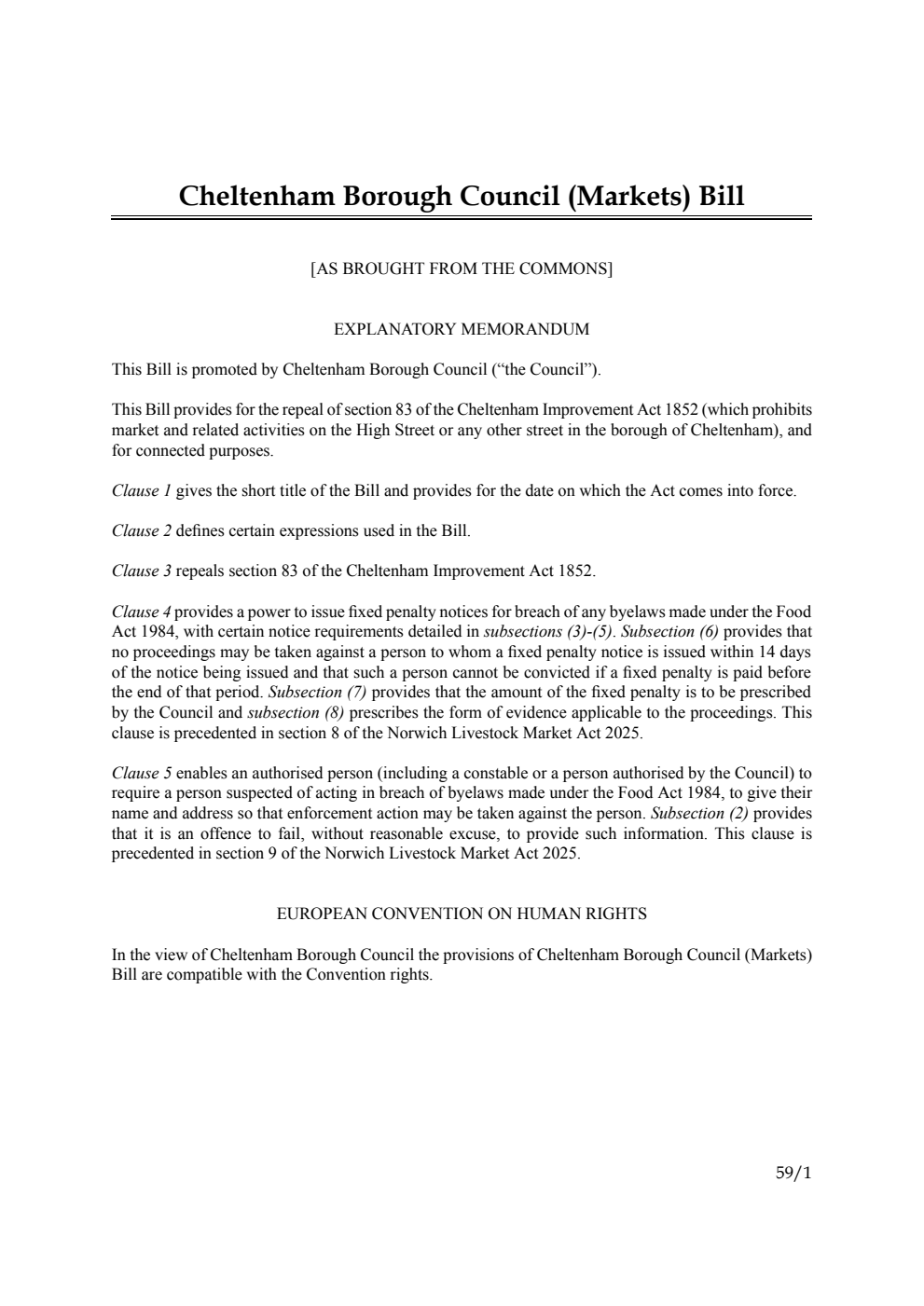 Cheltenham Borough Council (Markets) Bill [as brought from the Commons]