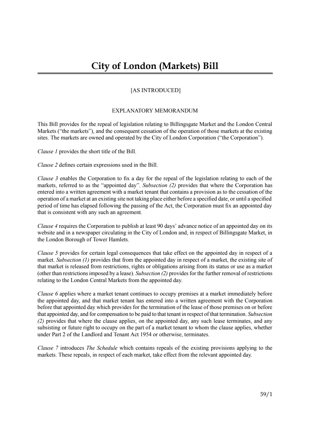 City of London (Markets) Bill