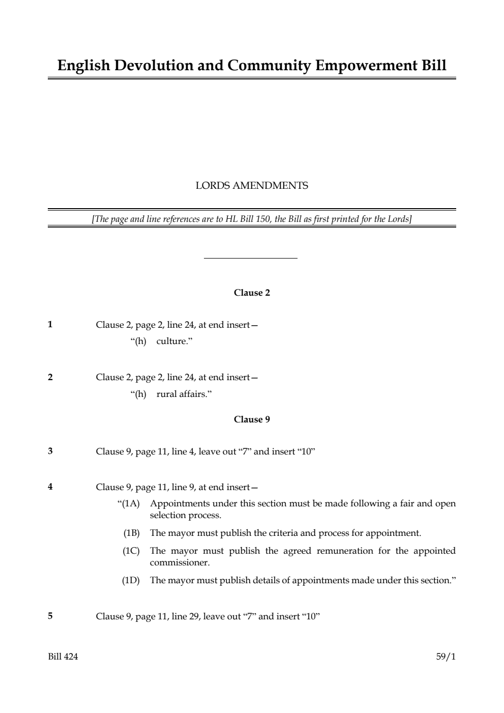 English Devolution and Community Empowerment Bill Lords amendments