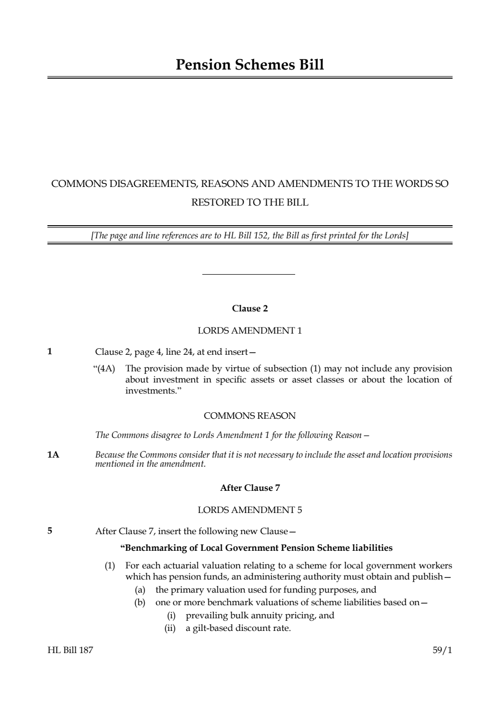 Pension Schemes Bill Commons disagreements, reasons and amendments to the words so restored to the bill