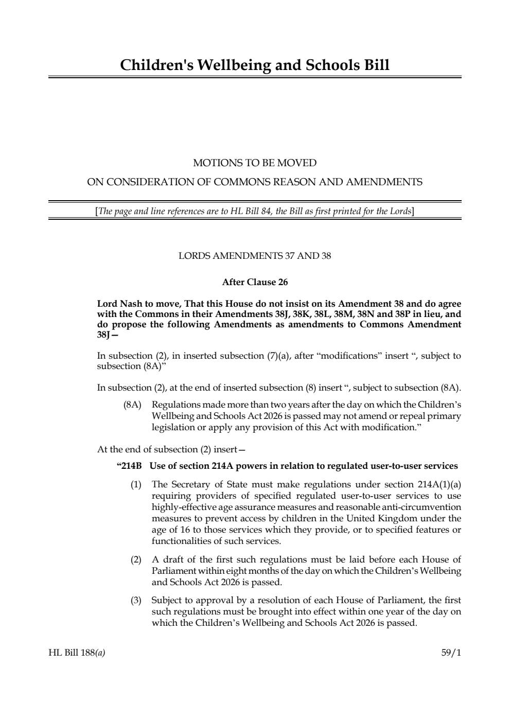 Children's Wellbeing and Schools Bill Motions to be moved on consideration of Commons reason and amendments