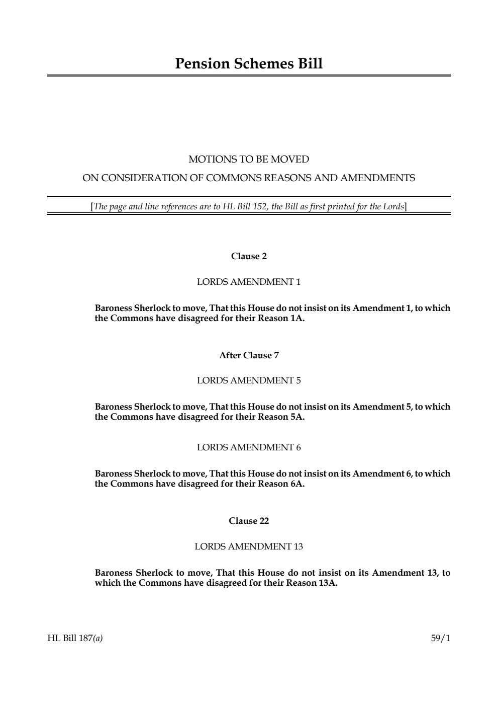 Pension Schemes Bill Motions to be moved on consideration of Commons reasons and amendments