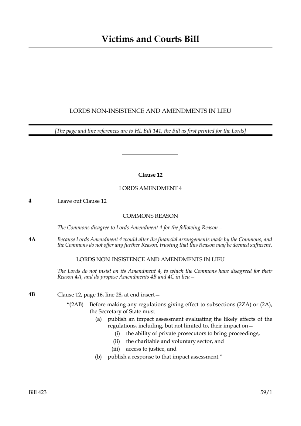 Victims and Courts Bill Lords non-insistence and amendments in lieu