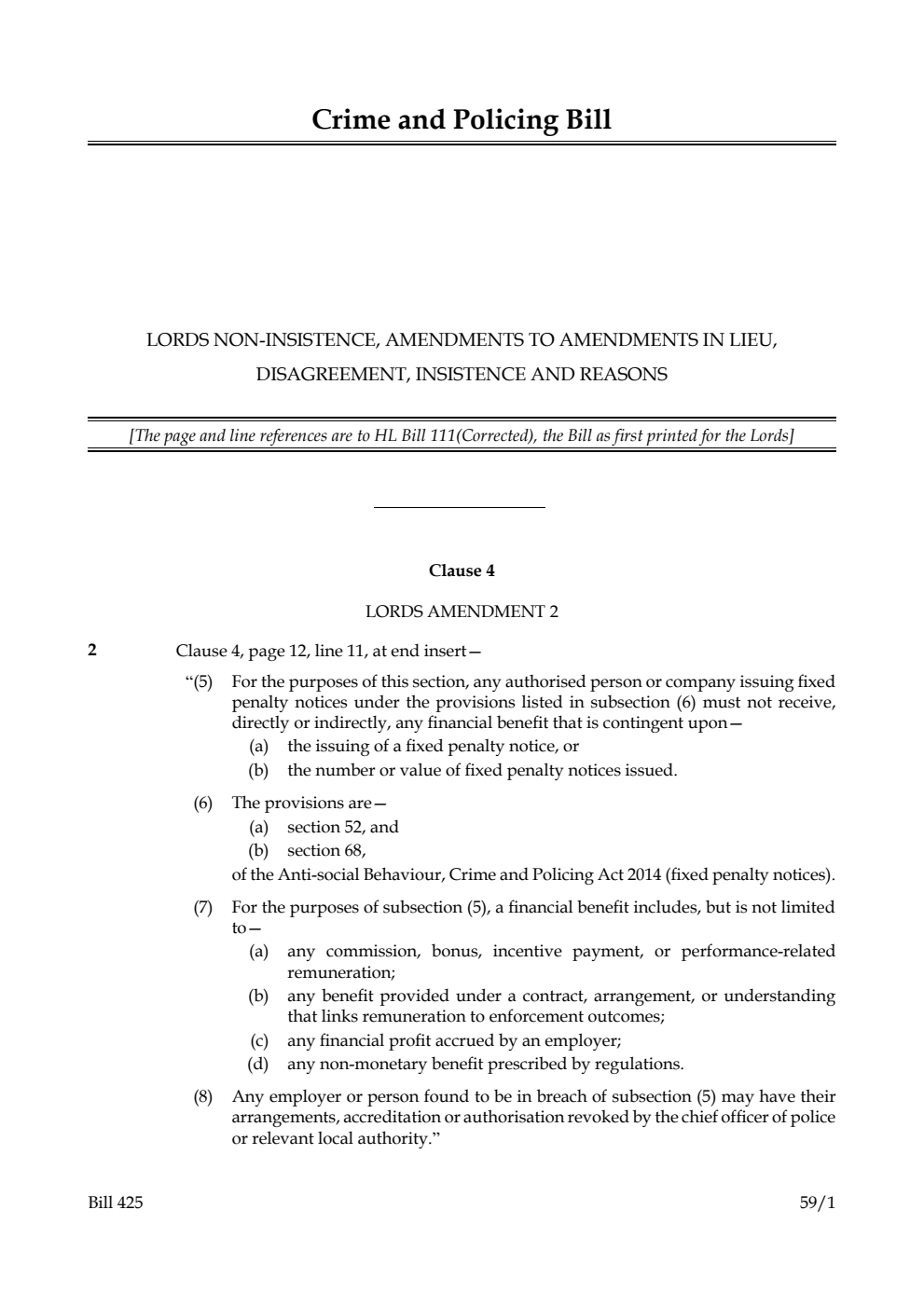 Crime and Policing Bill Lords non-insistence, amendments to amendments in lieu, disagreement, insistence and reasons