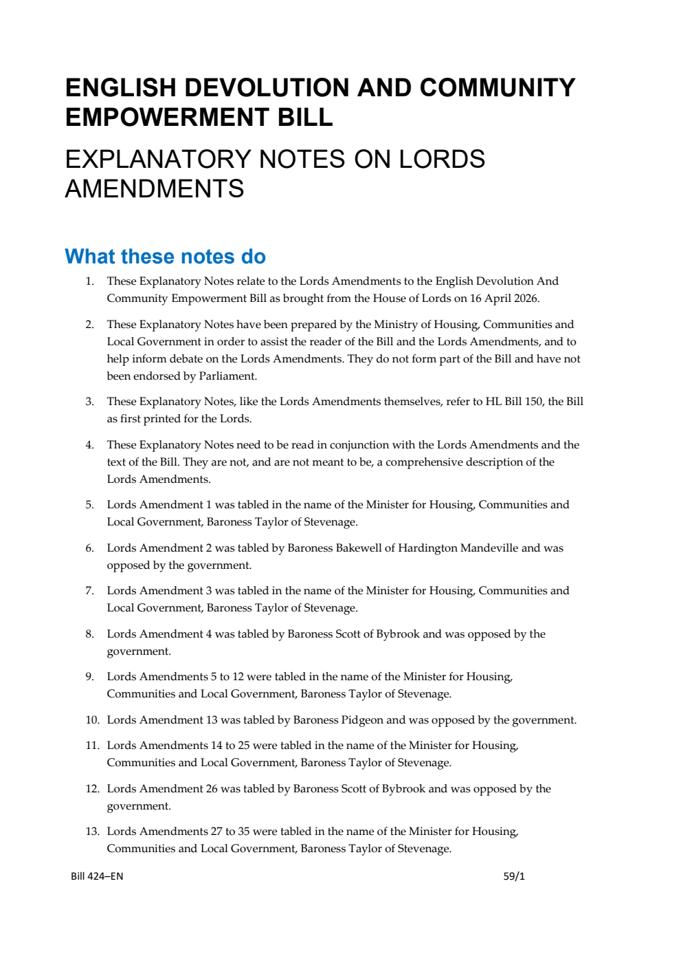 English Devolution and Community Empowerment Bill Explanatory Notes on Lords amendments