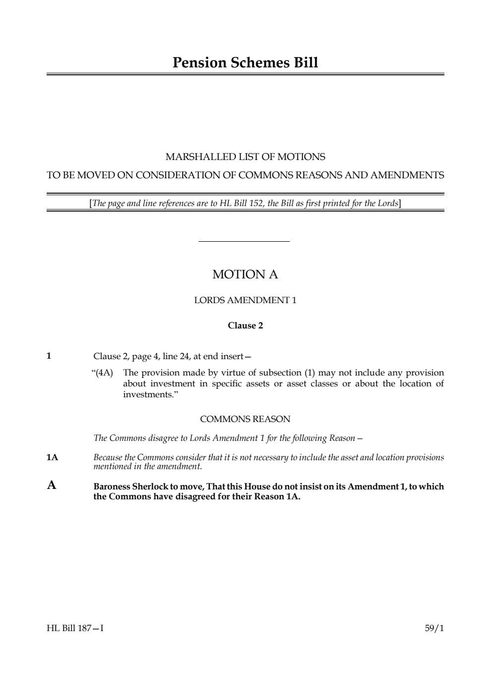 Pension Schemes Bill Marshalled List of motions to be moved on consideration of Commons reasons and amendments