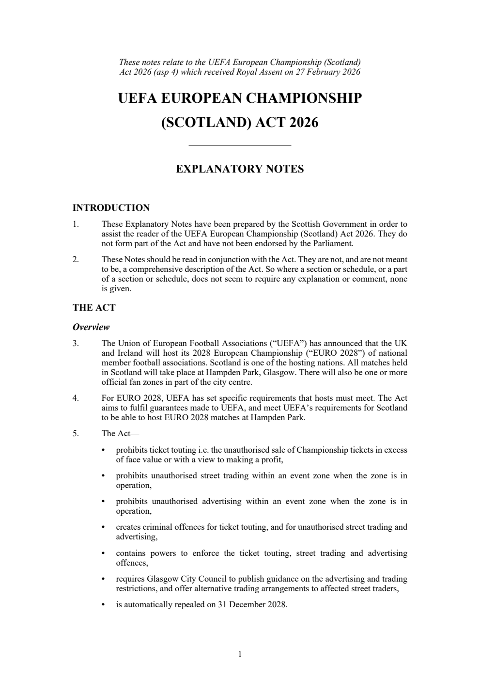 UEFA European Championship (Scotland) Act 2026 Explanatory Notes