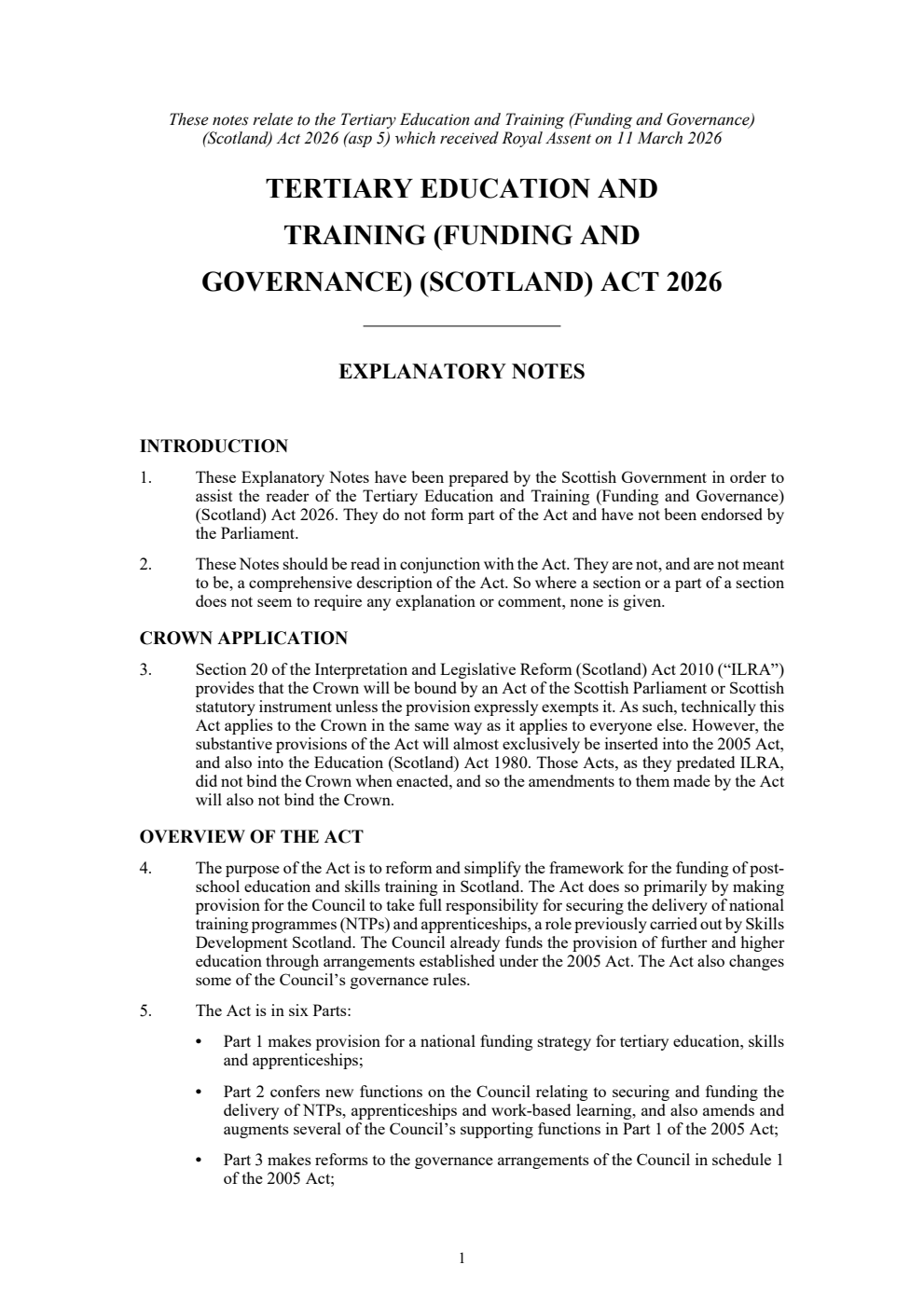 Tertiary Education and Training (Funding and Governance) (Scotland) Act 2026 Explanatory Notes